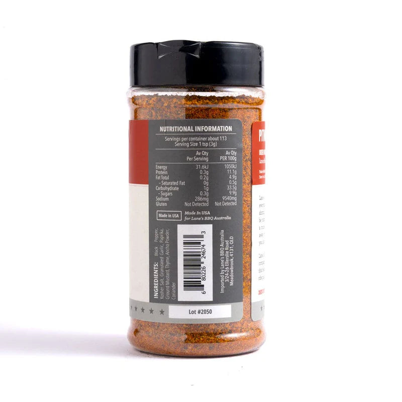 Lane’s Signature BBQ Rub nutrition information and ingredient label on bottle