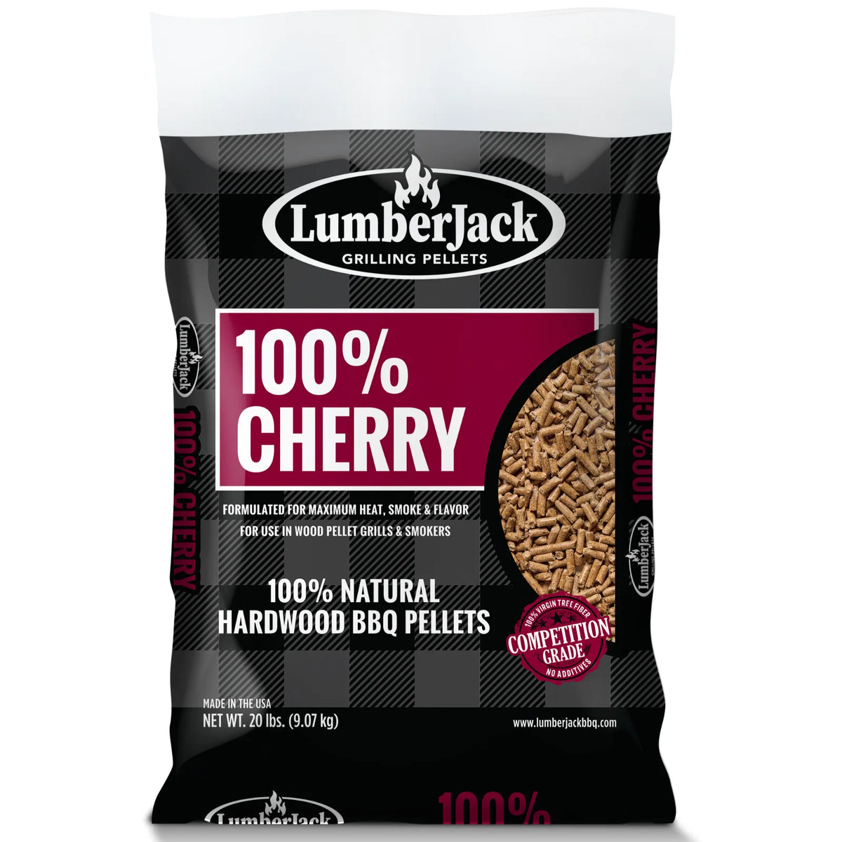 Lumberjack 100% Cherry BBQ grilling pellets 9.07 kg bag, front