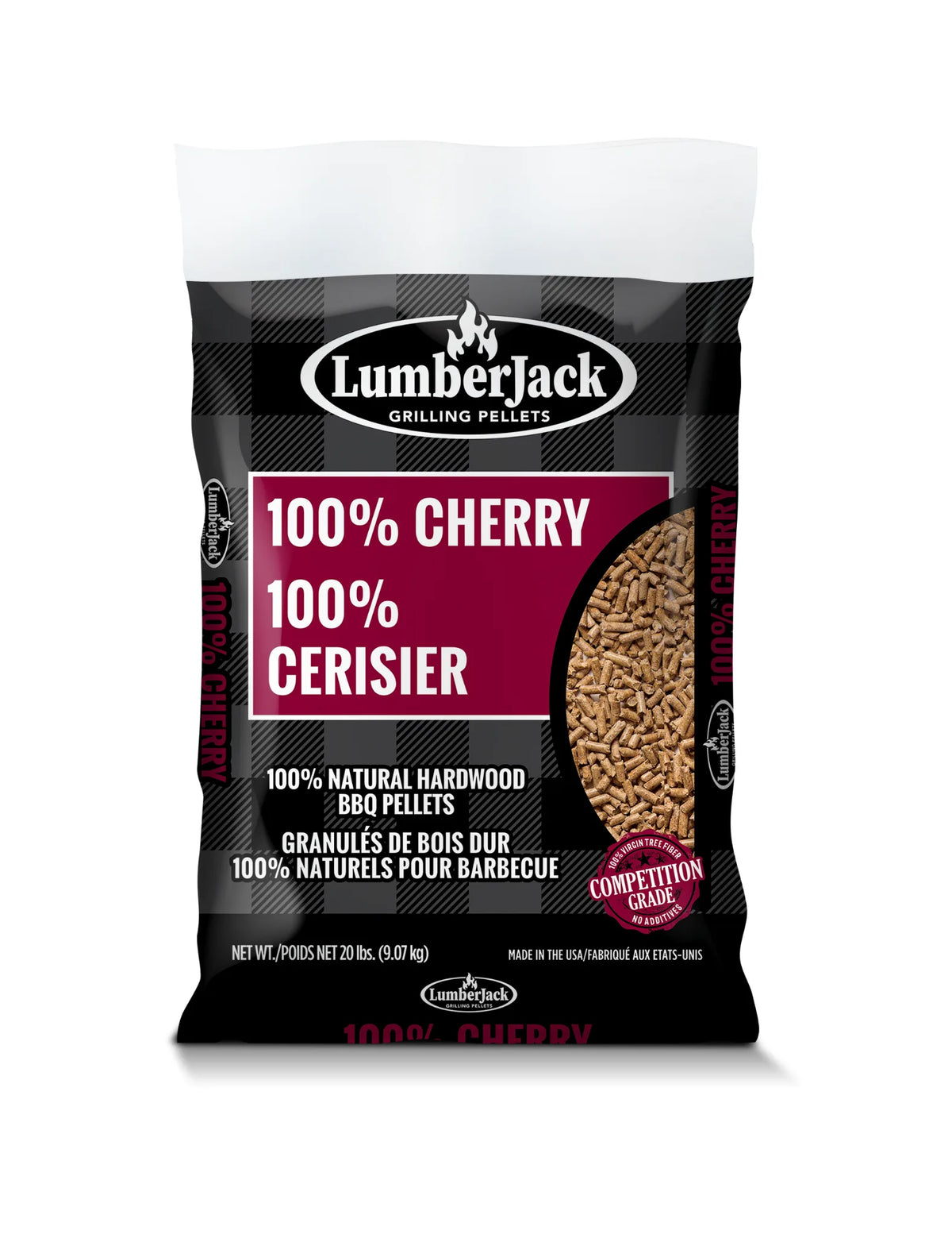 Lumberjack 100% Cherry BBQ pellets 9.07 kg bag with bilingual label