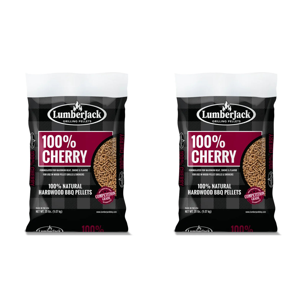 Two 9.07 kg bags of Lumberjack 100% Cherry smoking pellets