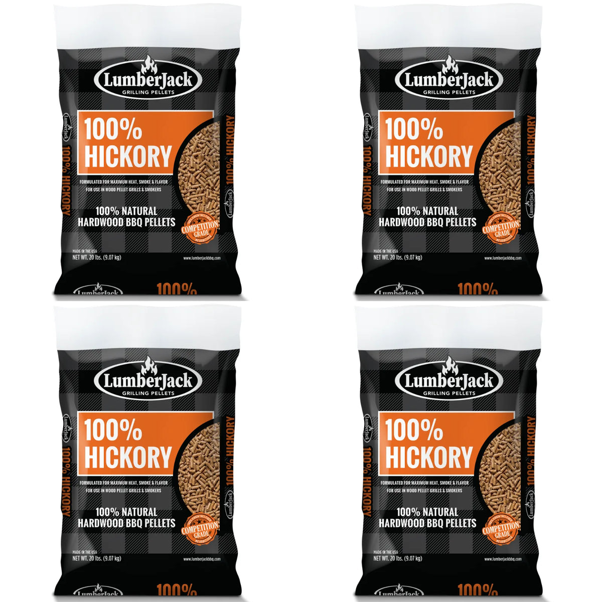 Four 9.07 kg bags of Lumberjack 100% Hickory smoking pellets, bulk pack
