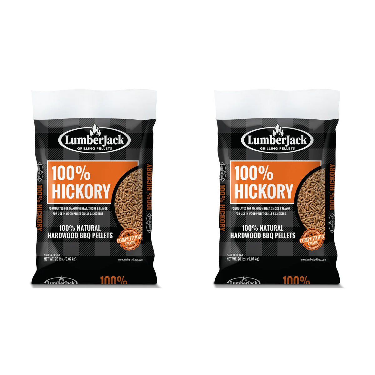 Two 9.07 kg bags of Lumberjack 100% Hickory smoking pellets