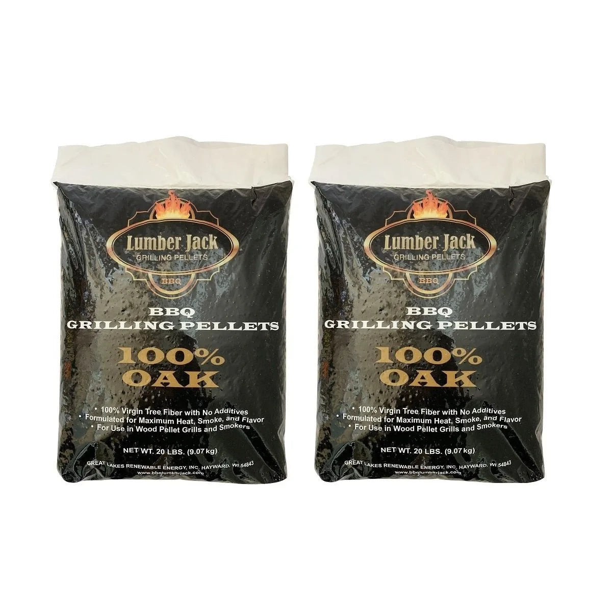 Two 9.07 kg bags of Lumberjack 100% Oak smoking pellets