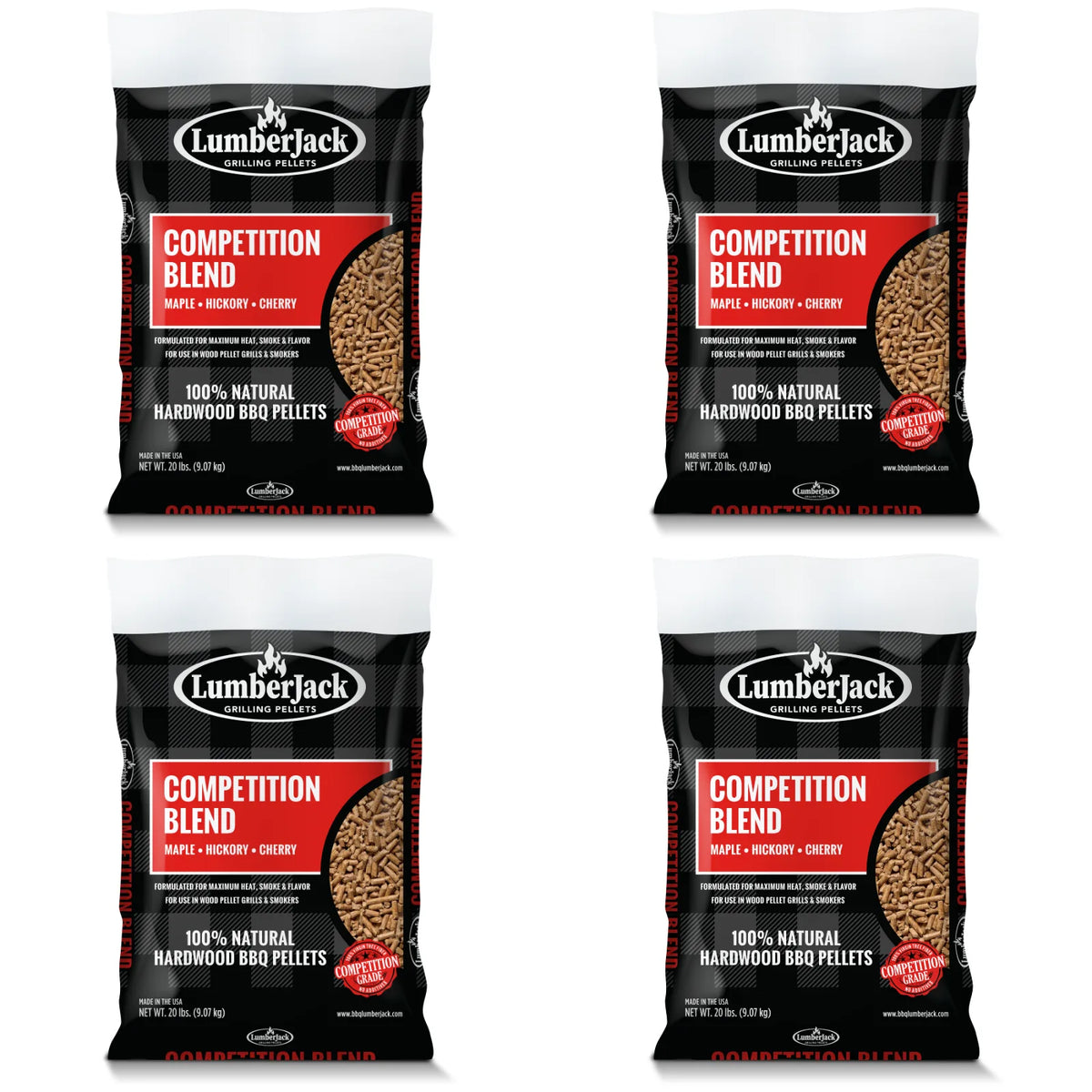 Four 9.07 kg bags of Lumberjack Competition Blend pellets, bulk pack