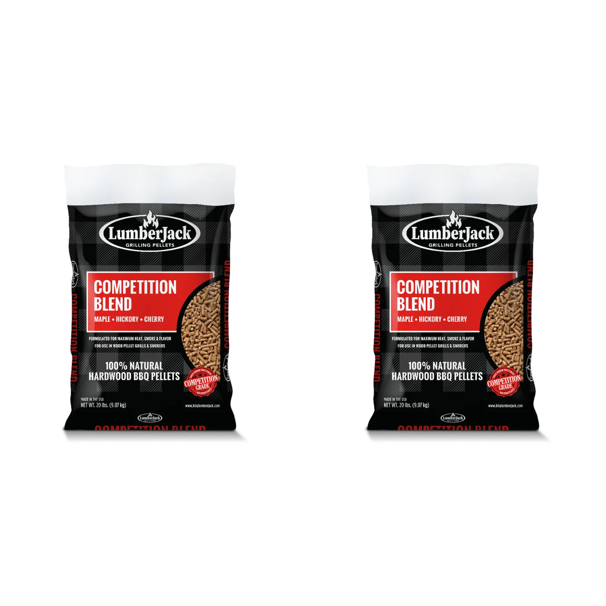 Two 9.07 kg bags of Lumberjack Competition Blend MHC smoking pellets