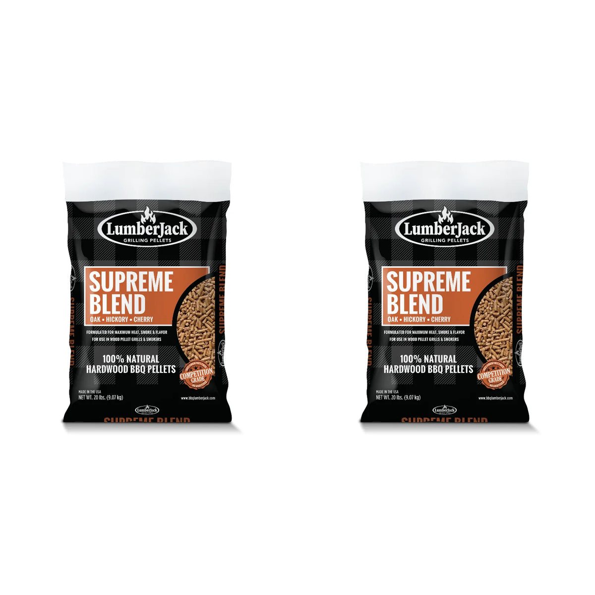 Two 9.07 kg bags of Lumberjack Supreme Blend OHC smoking pellets
