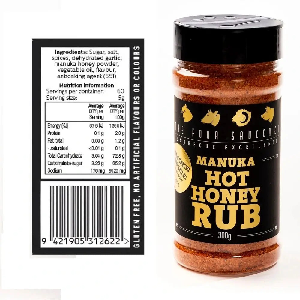 Manuka Hot Honey Rub back label showing nutrition facts and ingredient list