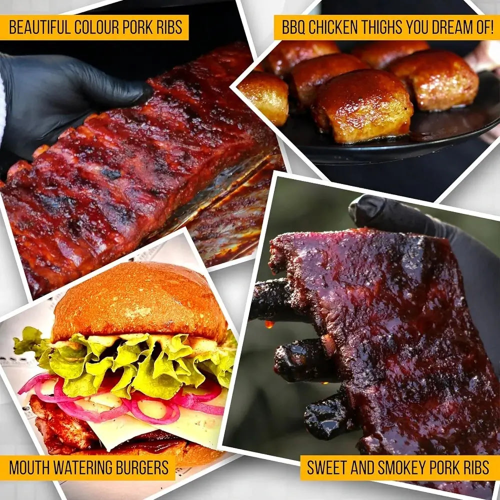 BBQ pork ribs, burgers, and chicken seasoned with Manuka Hot Honey Rub