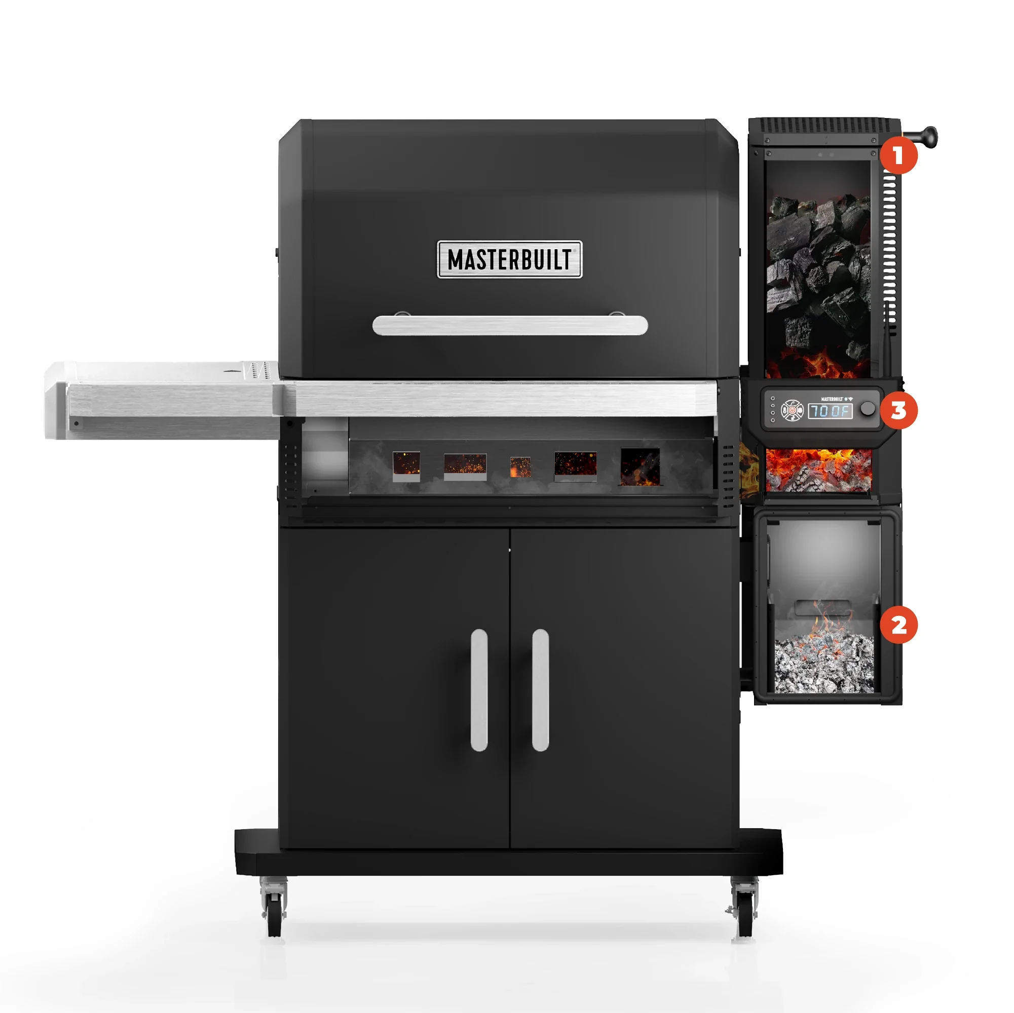 Diagram showing the GravityFed charcoal hopper system on the Masterbuilt Gravity Series 1150