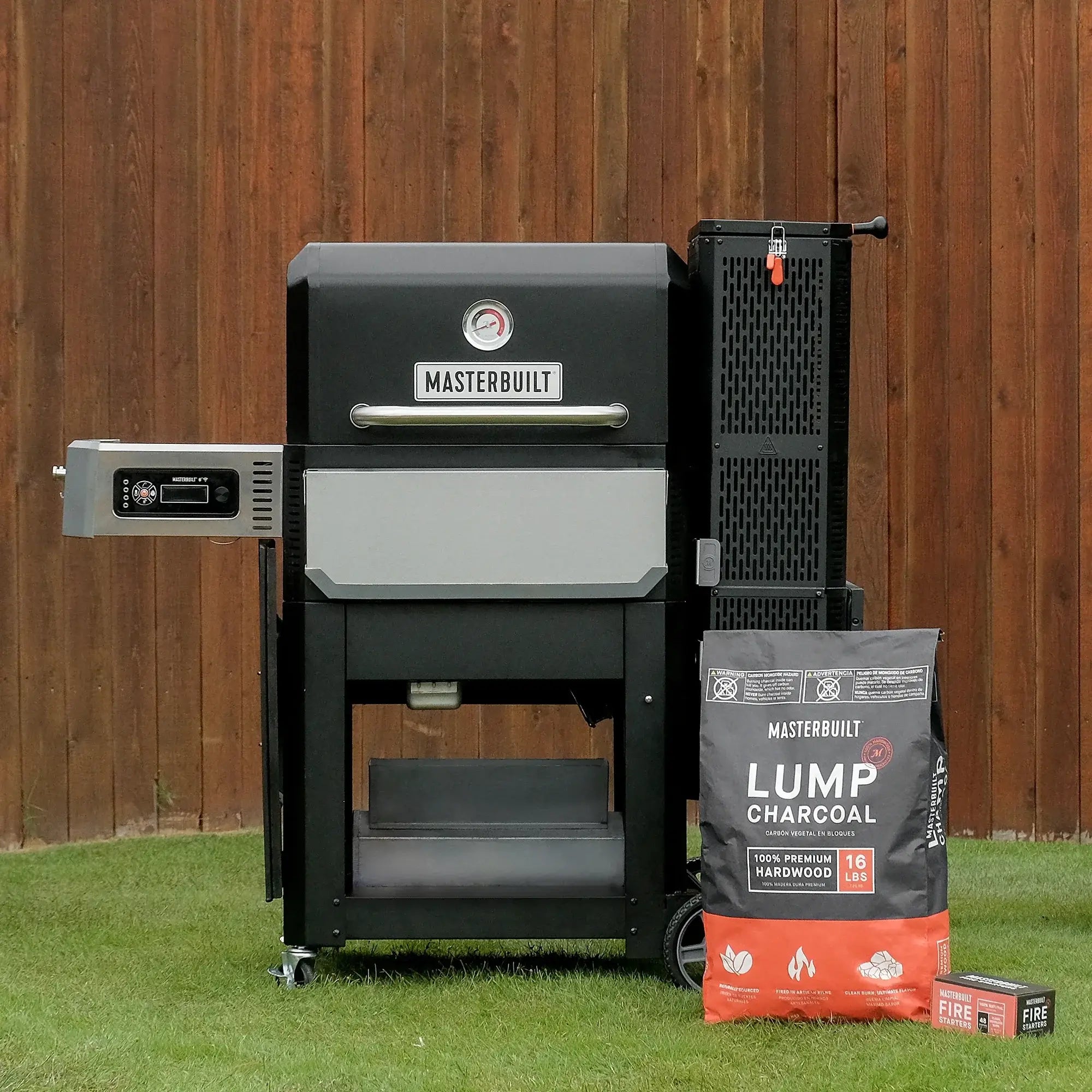 Masterbuilt Gravity Series Digital Charcoal BBQ and Smoker with Premium Hardwood Lump Charcoal and Masterbuilt Fire Starters ready for grilling.