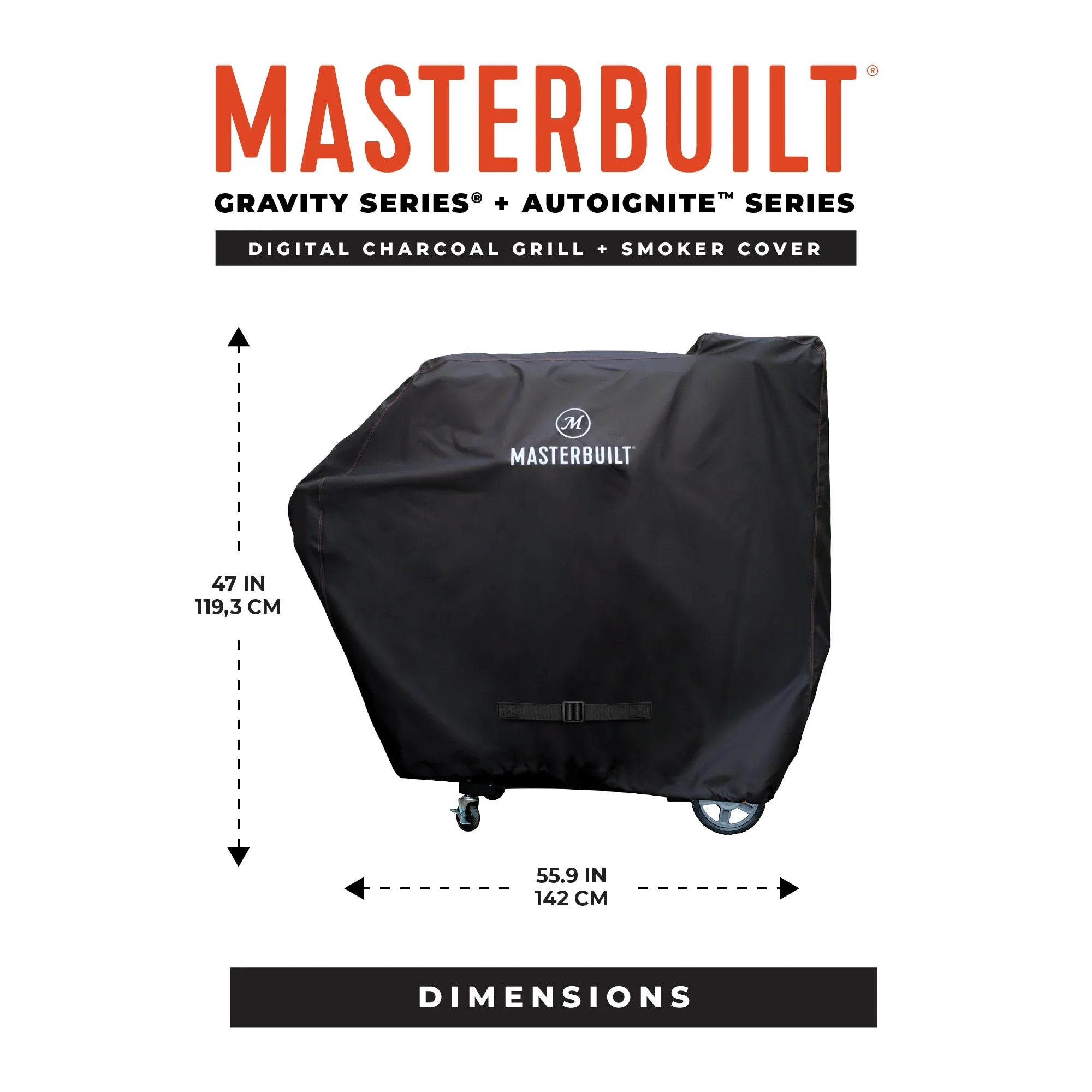 Masterbuilt Gravity Series BBQ cover dimensions and compatibility infographic