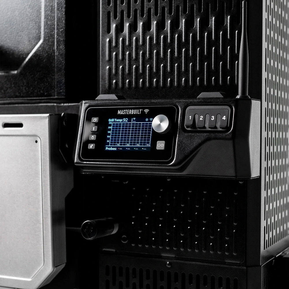 Digital control panel on the Masterbuilt Gravity Series XT featuring WiFi connectivity, temperature control and four meat probe ports.