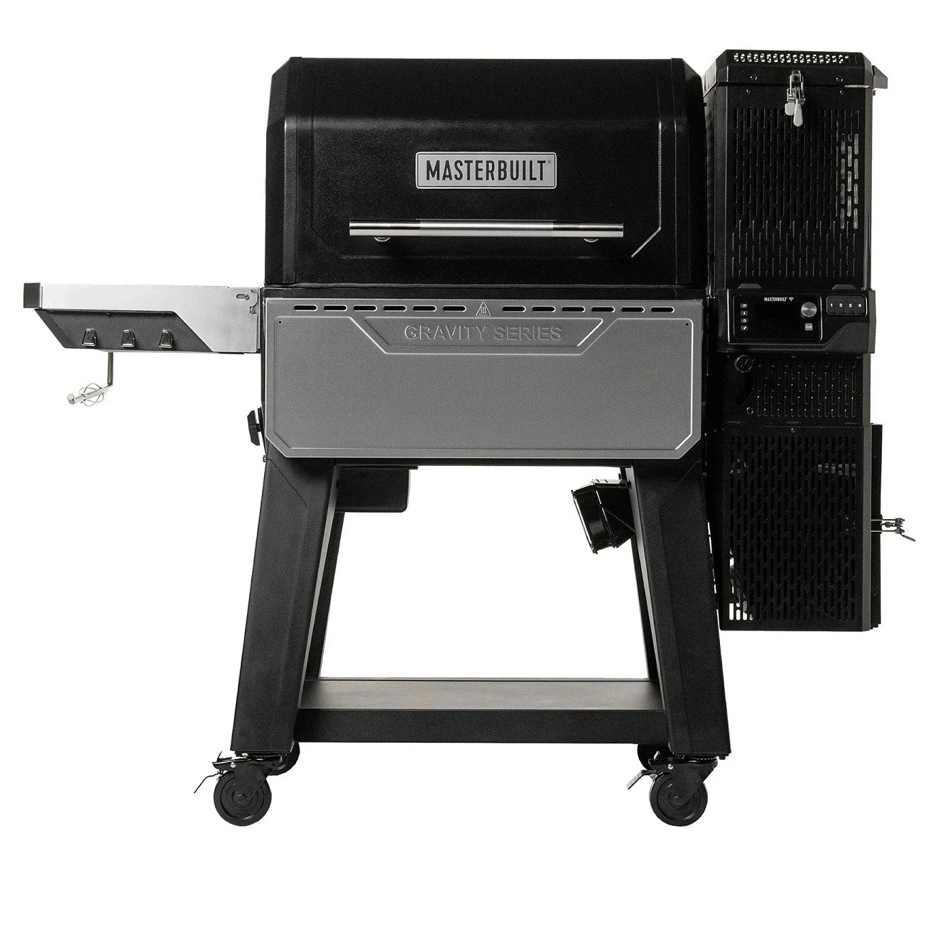 Front view of the Masterbuilt Gravity Series XT Digital Charcoal BBQ and Smoker with GravityFed charcoal hopper and folding side shelf.