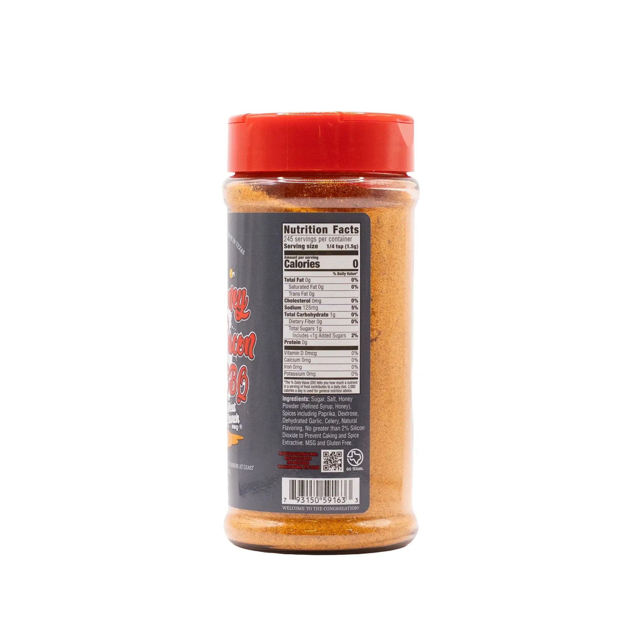 Meat Church Honey Bacon BBQ Rub 13oz nutrition panel and ingredients