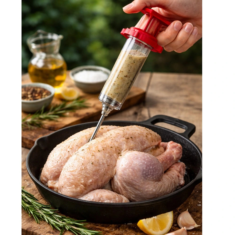 Injecting marinade into whole chicken using meat injector for juicy BBQ cooking results