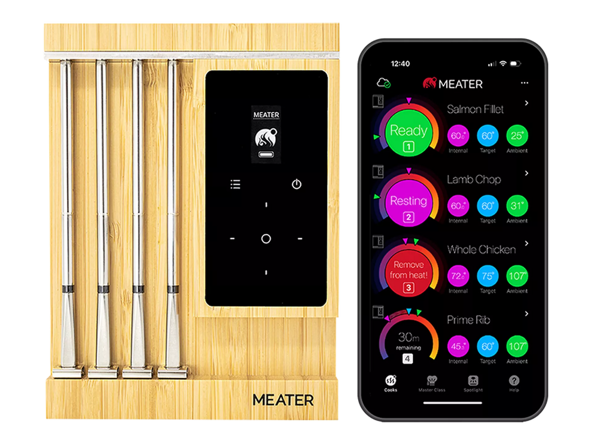 MEATER Pro XL wireless meat thermometer with the MEATER app on a smartphone