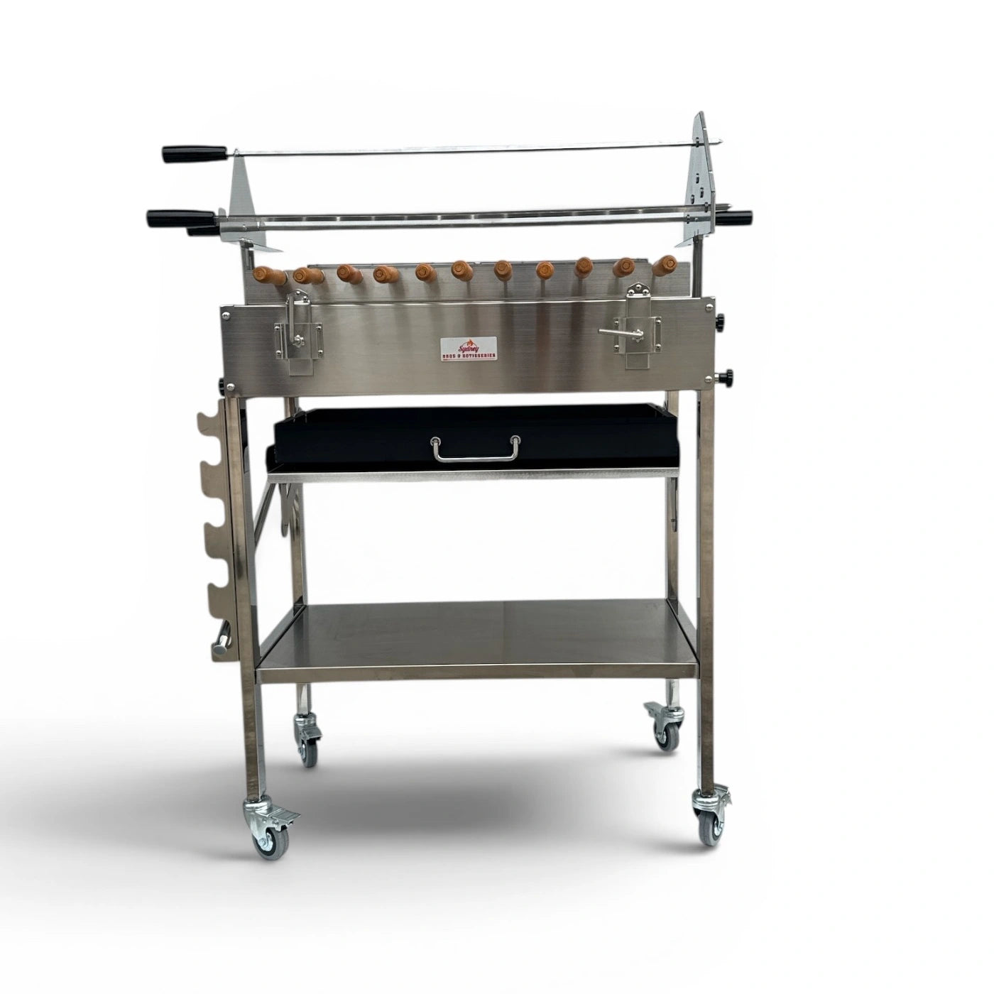 Mini rotisserie grill with adjustable charcoal tray lowered showing heat control system and stainless steel frame
