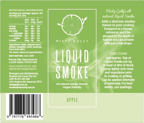 Misty Gully Apple Liquid Smoke 200ml label showing ingredients, directions and nutritional information