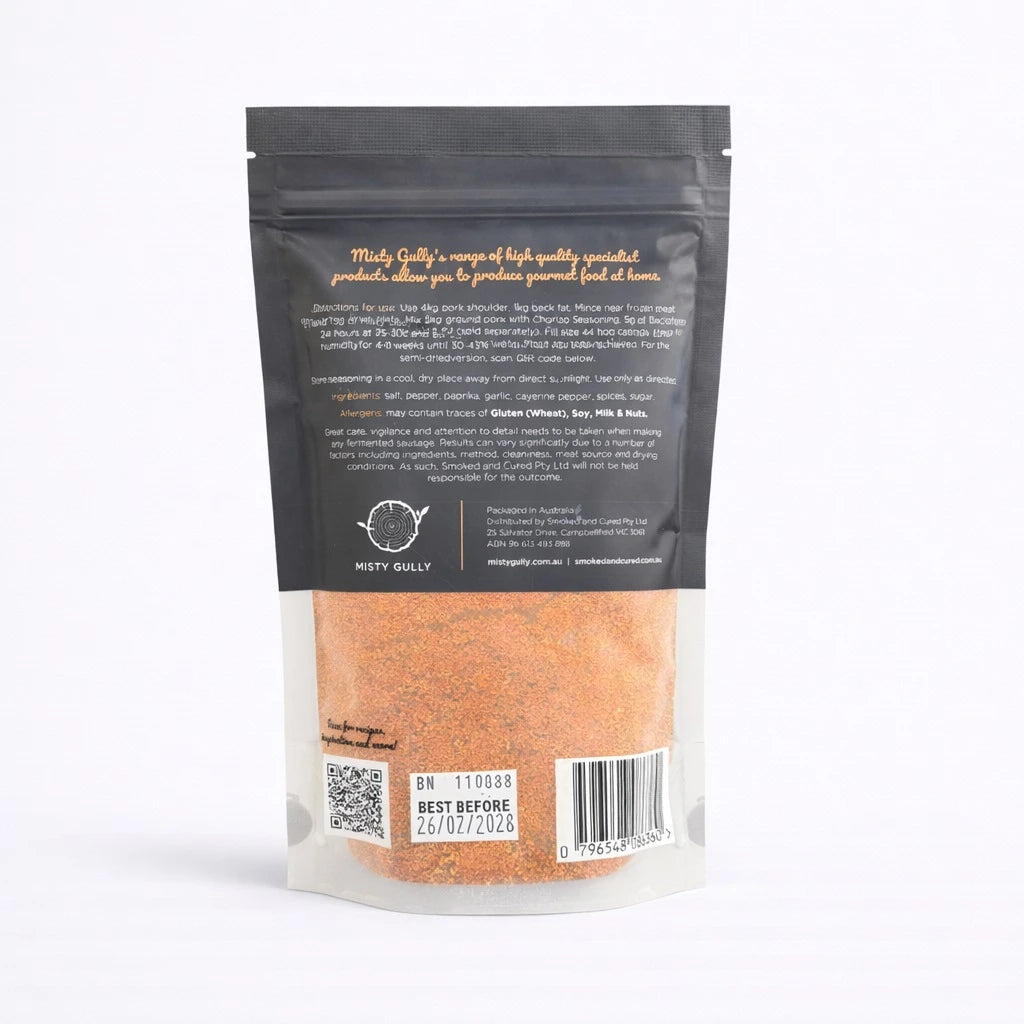 Misty Gully Spicy Spanish Chorizo Seasoning 345g back packaging with ingredients and sausage directions
