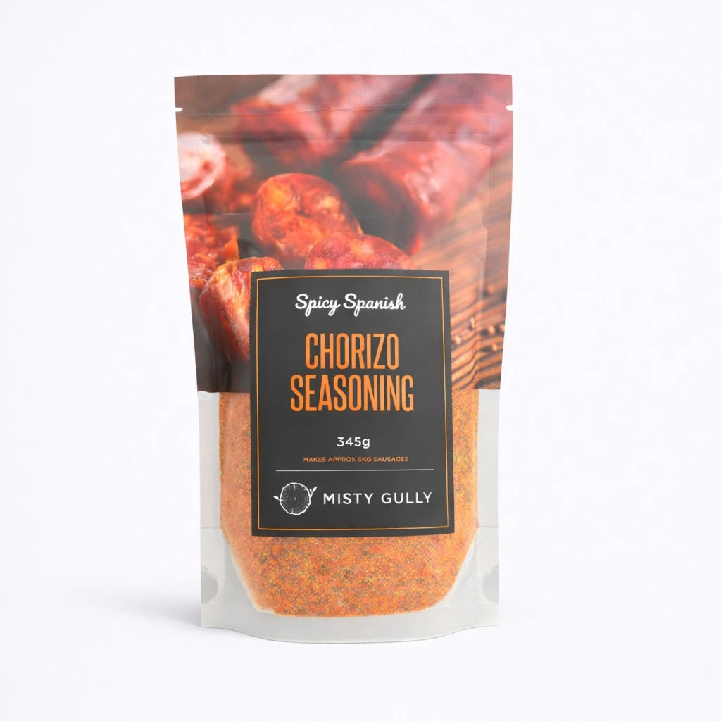 Misty Gully Spicy Spanish Chorizo Seasoning 345g front packaging for pork sausages