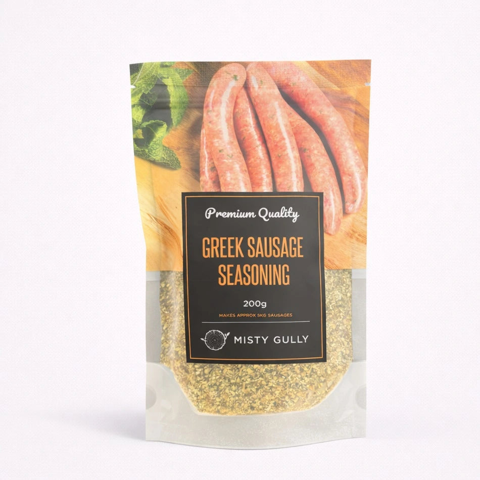 Misty Gully Greek Sausage Seasoning 200g front packaging for lamb sausages