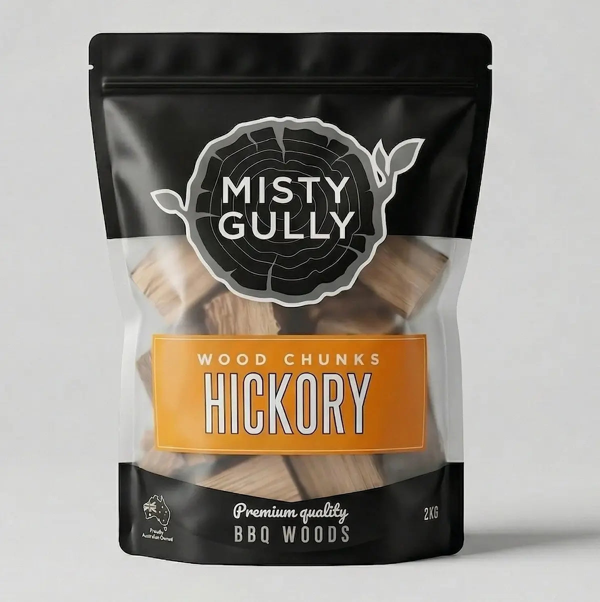 Misty Gully Hickory Wood Chunks 2kg premium BBQ smoking wood for charcoal grills, smokers, kamado cookers, brisket, ribs, and pulled pork.