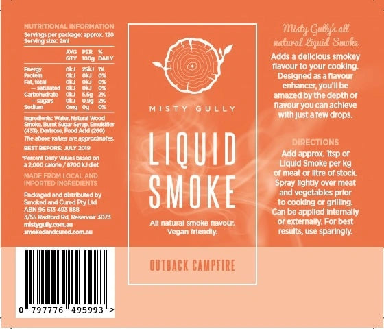 Misty Gully Outback Campfire Liquid Smoke 200ml label showing ingredients, directions and nutritional information