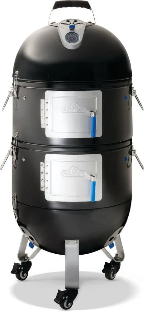 Napoleon Apollo 18 charcoal water smoker assembled on locking caster wheels