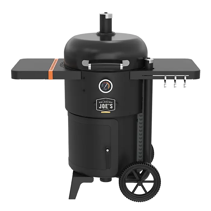 Oklahoma Joe’s Bronco 2.0 drum smoker front view with side shelves and wheels