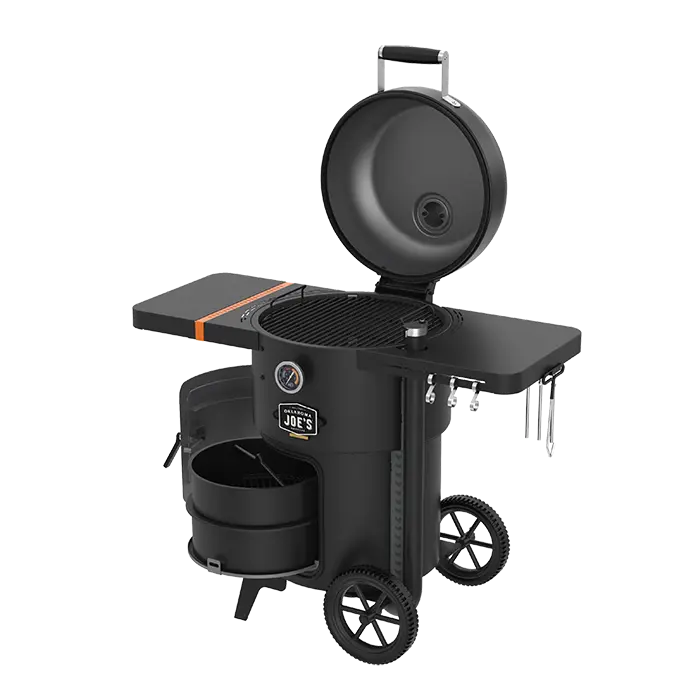 Oklahoma Joe’s Bronco 2.0 smoker open view with charcoal basket and cooking configuration