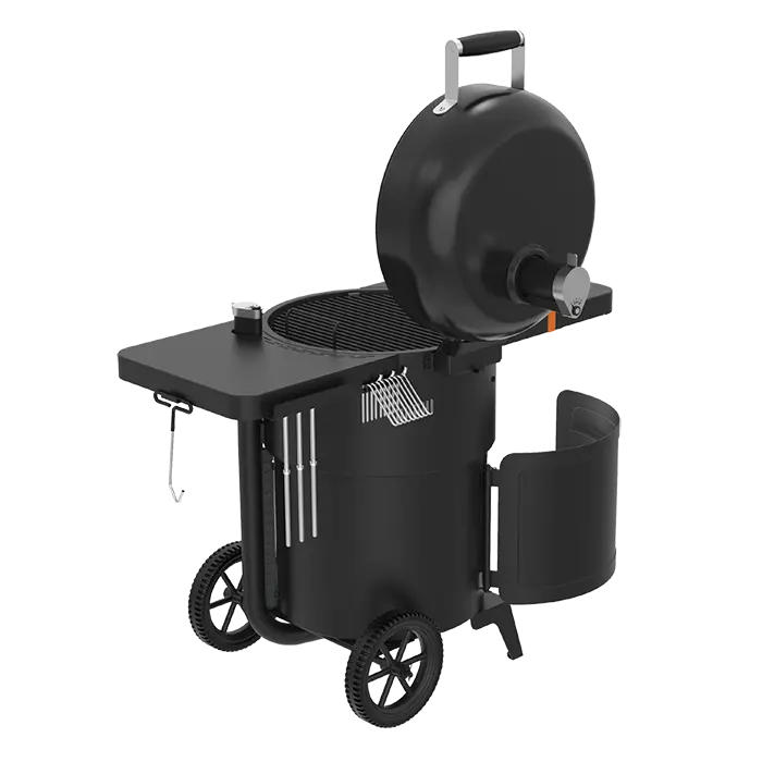 Oklahoma Joe’s Bronco 2.0 drum smoker with lid open showing cooking grate and interior