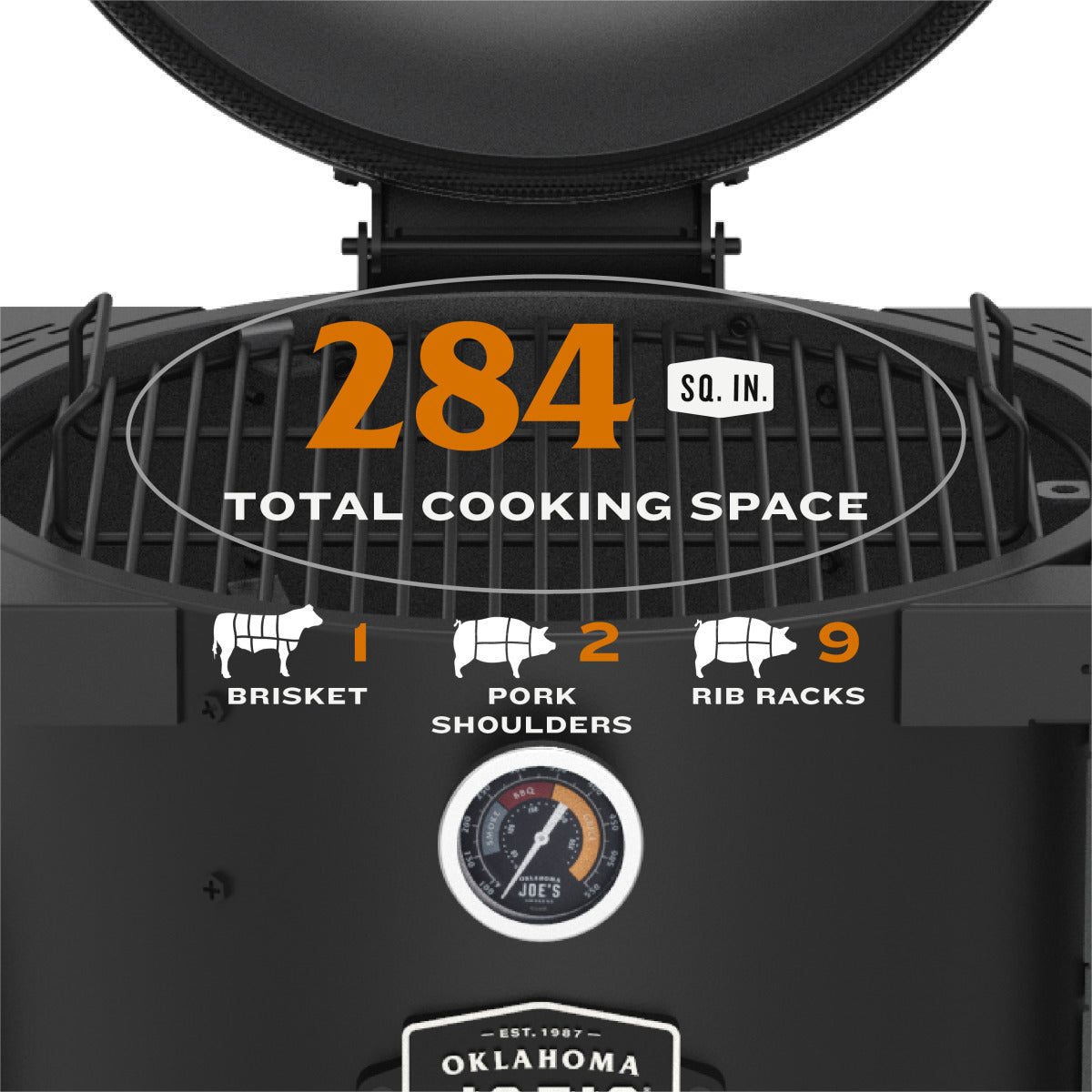 284 square inches of cooking space on the Bronco Drum Smoker with 9 meat hook capacity
