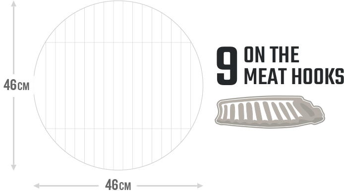 46cm grill dimensions showing Oklahoma Joe’s Bronco cooking surface and meat hook layout