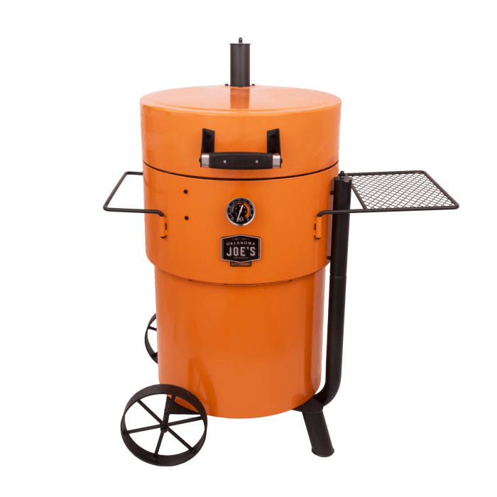 Front view of Oklahoma Joe’s Bronco Pro Drum Smoker in orange