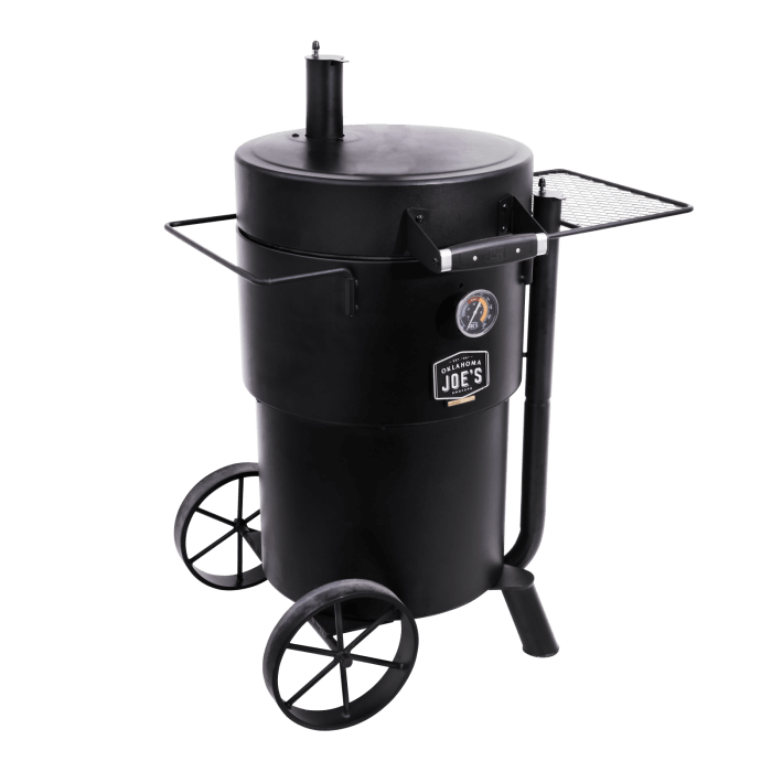 Side view of Oklahoma Joe’s Bronco Drum Smoker with charcoal chamber and grill rack