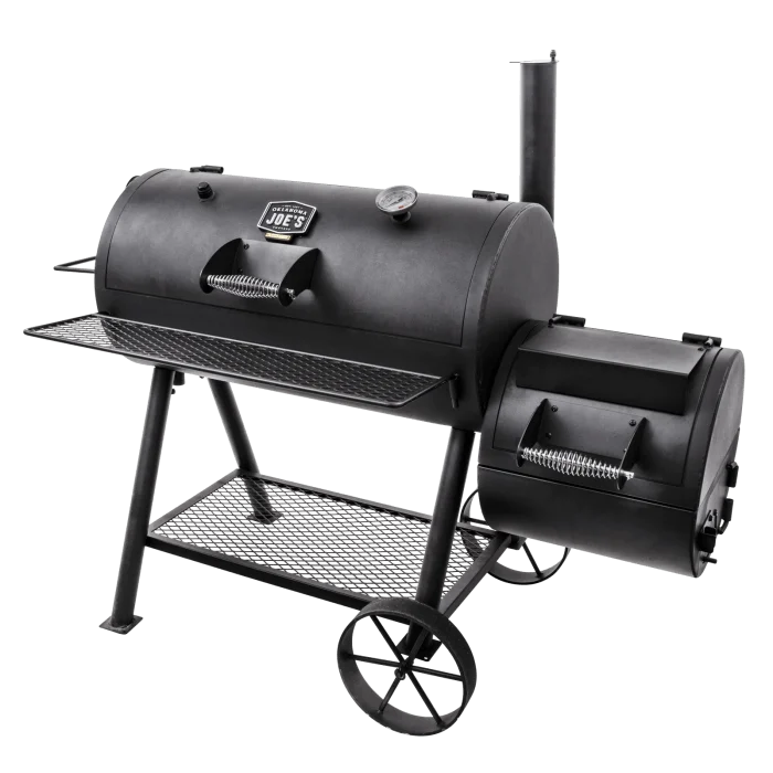 Oklahoma Joe’s Highland offset smoker angled to show the side firebox and smokestack