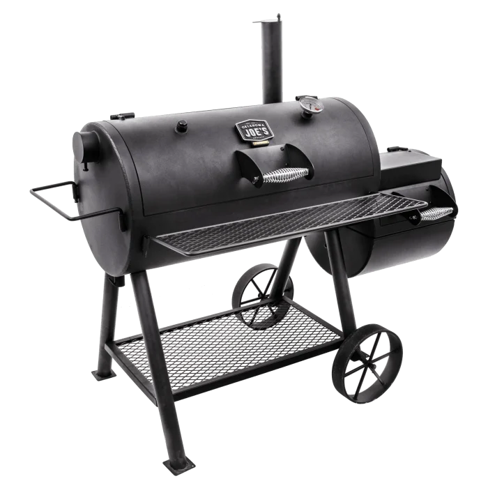 Oklahoma Joe’s Highland reverse flow offset smoker with side firebox, front shelf and wagon-style wheels