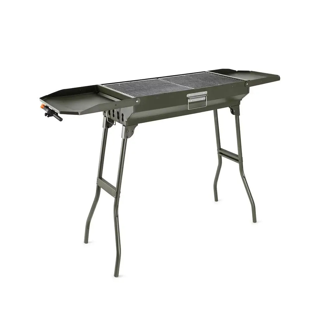 Portable folding charcoal BBQ with cooking grill and two fold out side benches