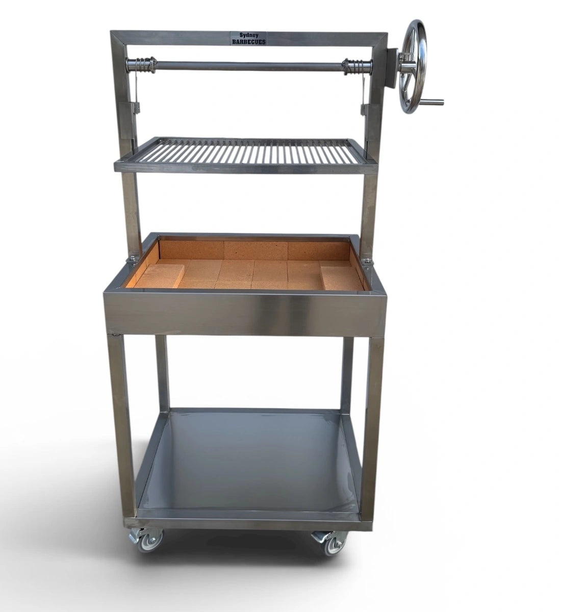 Premium compact Parrilla BBQ with fire brick base, adjustable charcoal grill, and stainless steel wheeled stand.