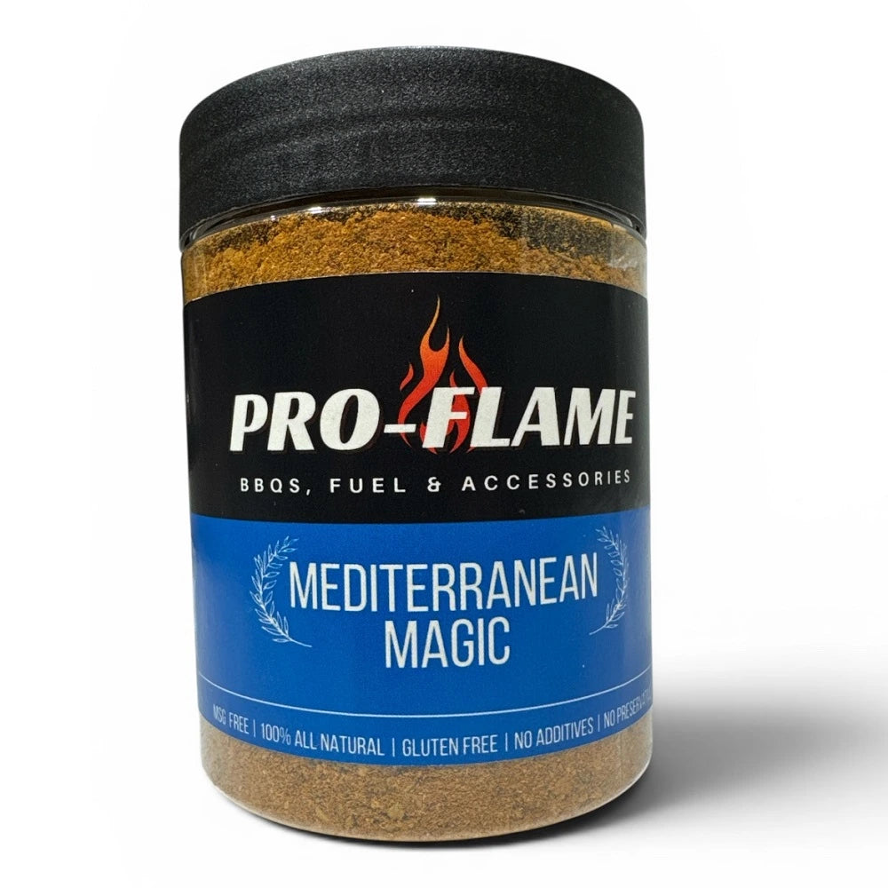 Front label of Pro-Flame Mediterranean Magic BBQ rub 190g gluten free all natural seasoning for lamb chicken pork and rotisserie cooking