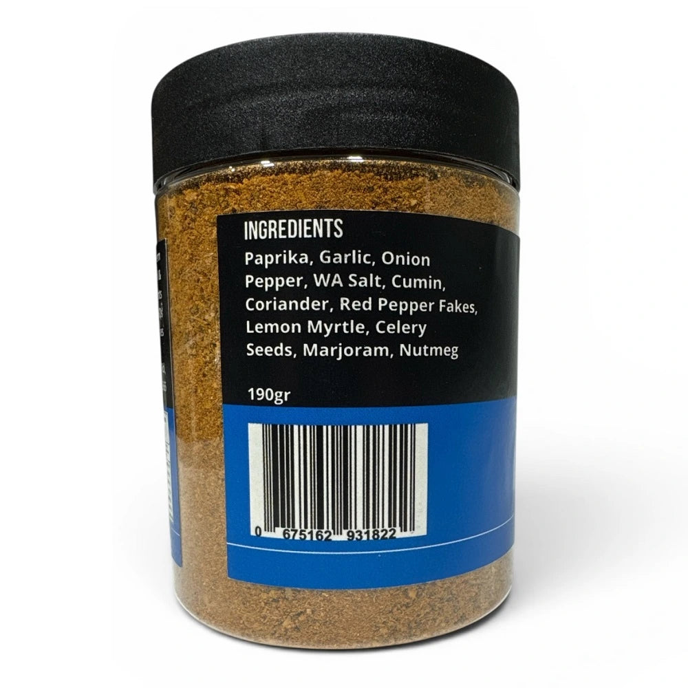 Back label of Pro-Flame Mediterranean Magic BBQ rub showing ingredient list and nutritional style packaging details for 190g seasoning blend