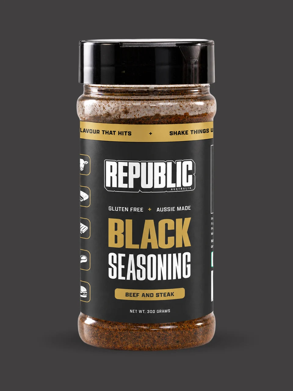 Republic Black Out Beef and Steak Seasoning jar on a dark grey background