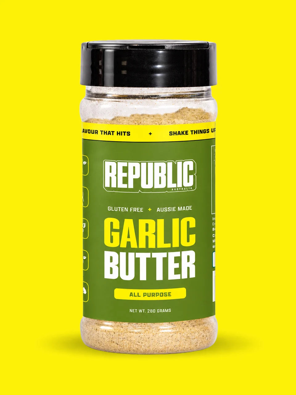 Republic Garlic Butter All Purpose Seasoning jar on a bright yellow background