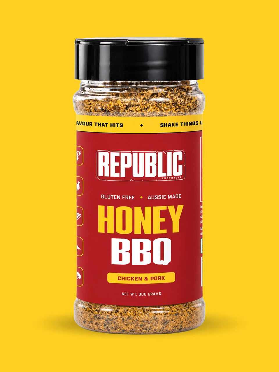 Republic Honey BBQ Chicken and Pork Seasoning jar on a yellow background
