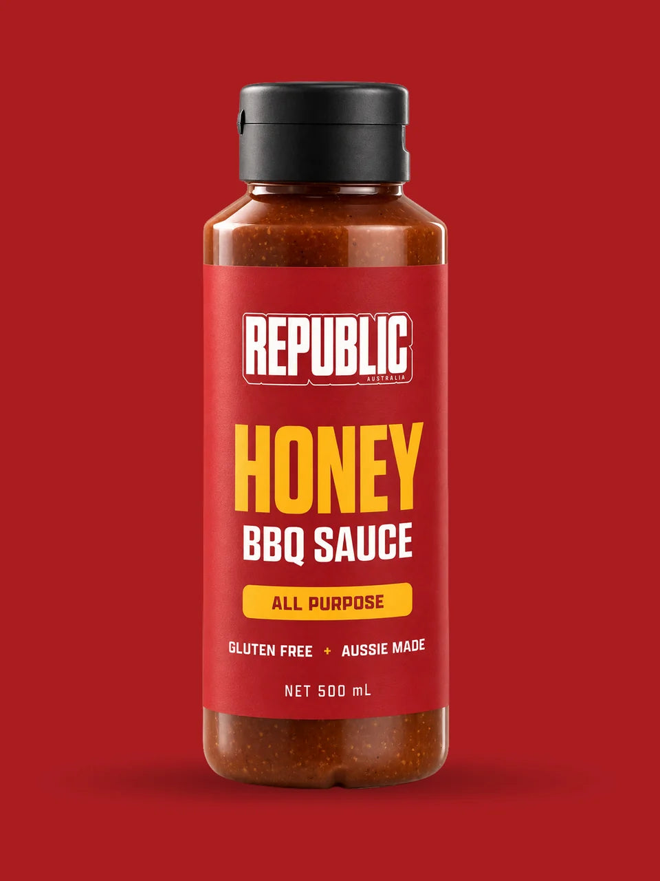 Republic Australia Honey BBQ Sauce 500ml bottle on a red background