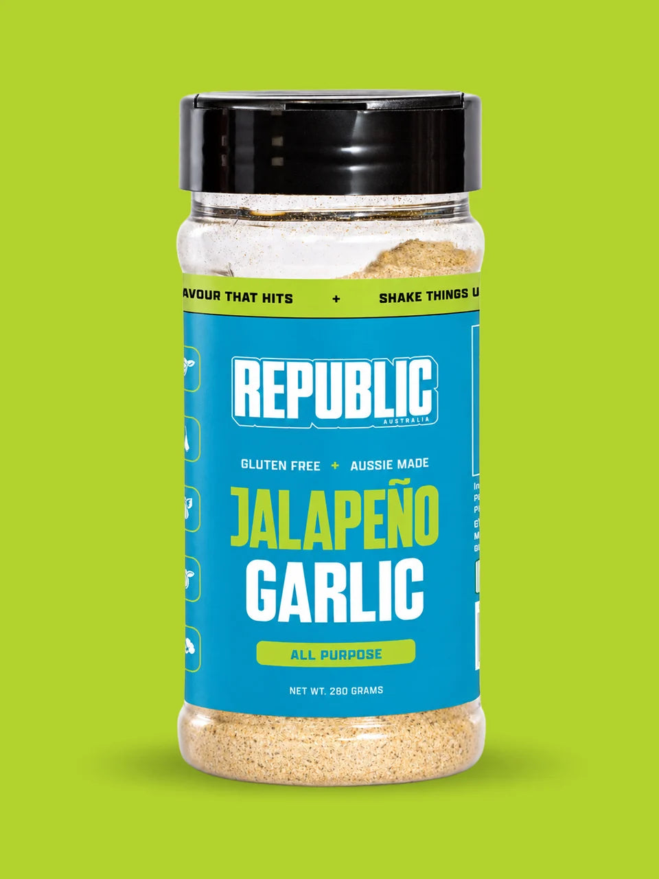 Republic Jalapeño Garlic All Purpose Seasoning jar on a bright green background