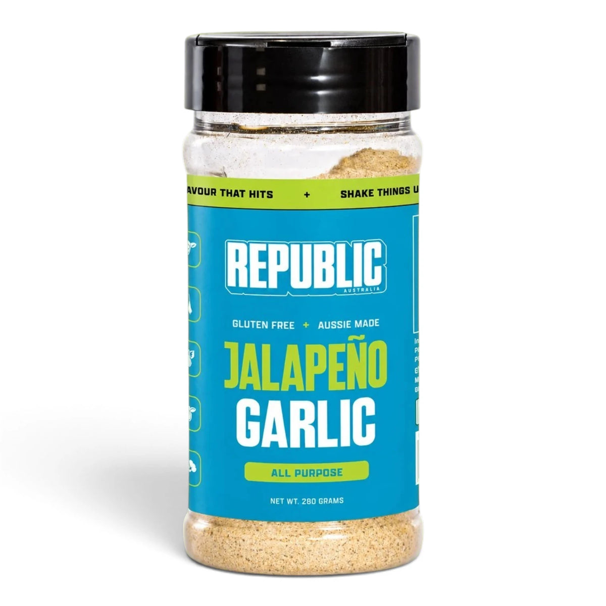 Republic Jalapeño Garlic All Purpose Seasoning jar on a white background
