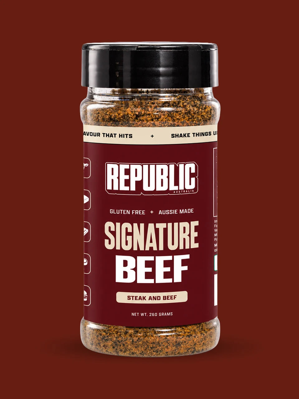 Republic Signature Beef Steak and Beef Seasoning jar on a dark brown background