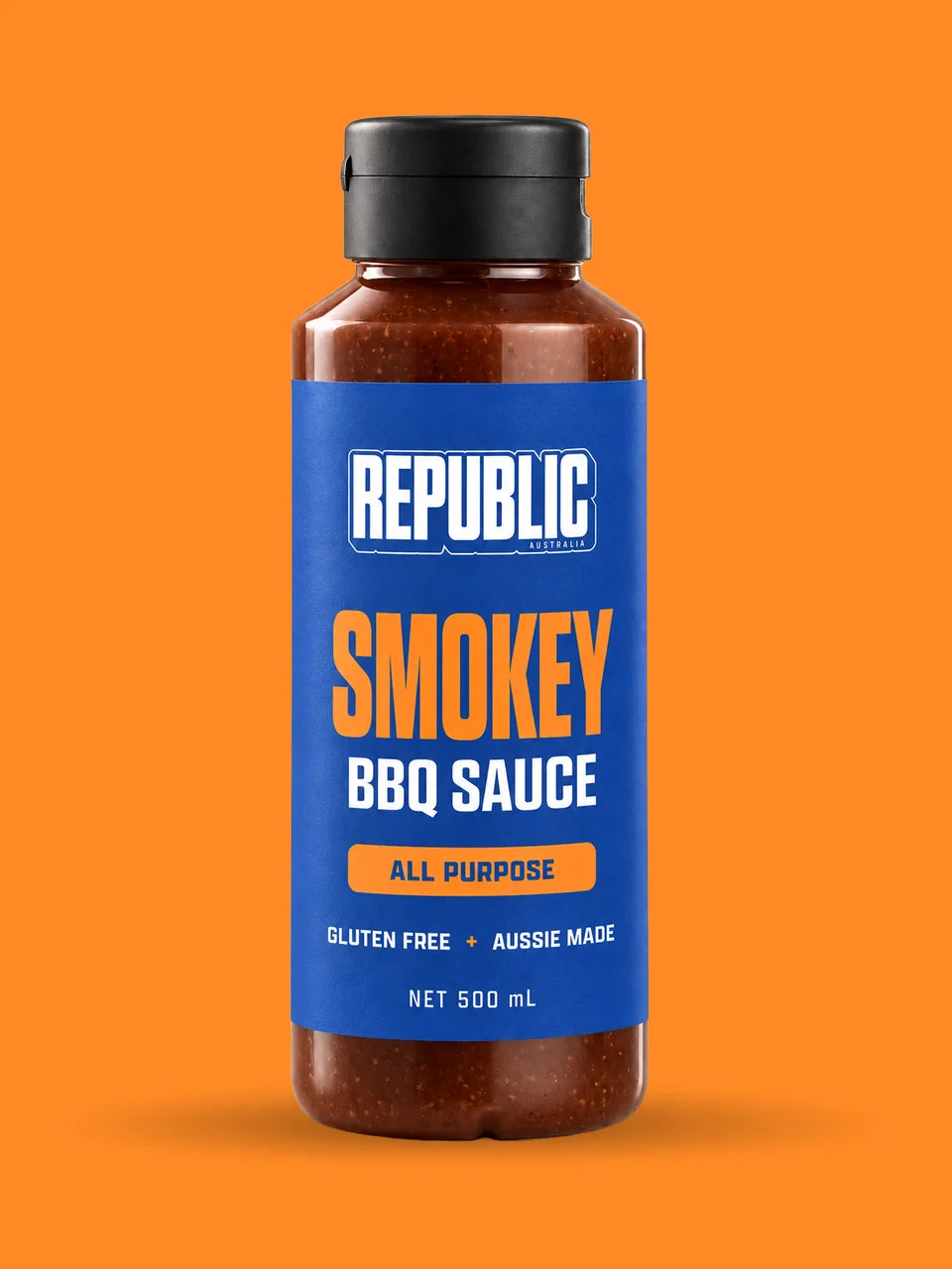Republic Australia Smokey BBQ Sauce 500ml bottle on an orange background
