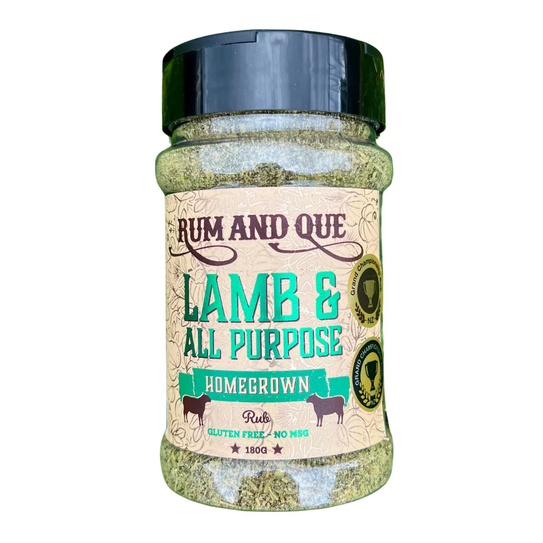 Rum & Que Homegrown Lamb & All-Purpose Rub – 180g shaker bottle with native New Zealand herbs